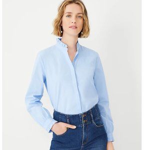Ann Taylor Poplin Ruffle Neck Shirt NWT